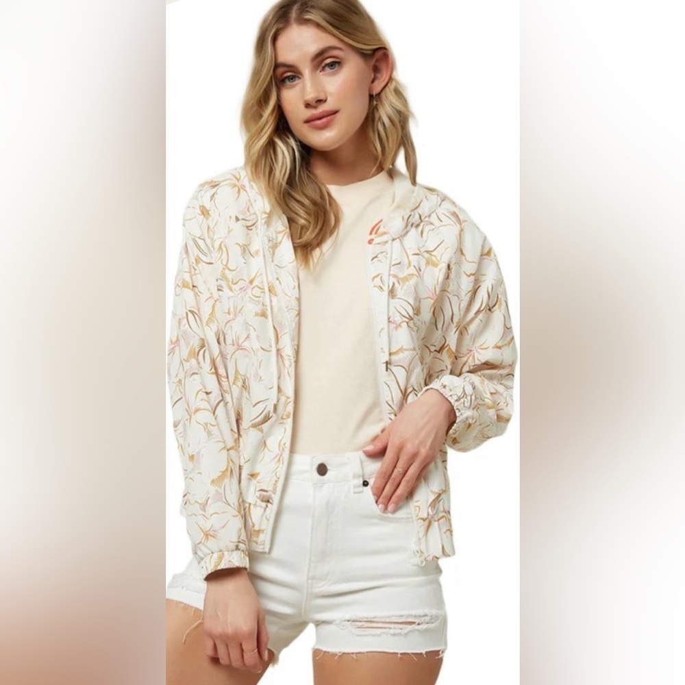 O'Neill Lunan Zip Up Hooded Jacket Cream Floral Bomber Windbreaker Jacket, S